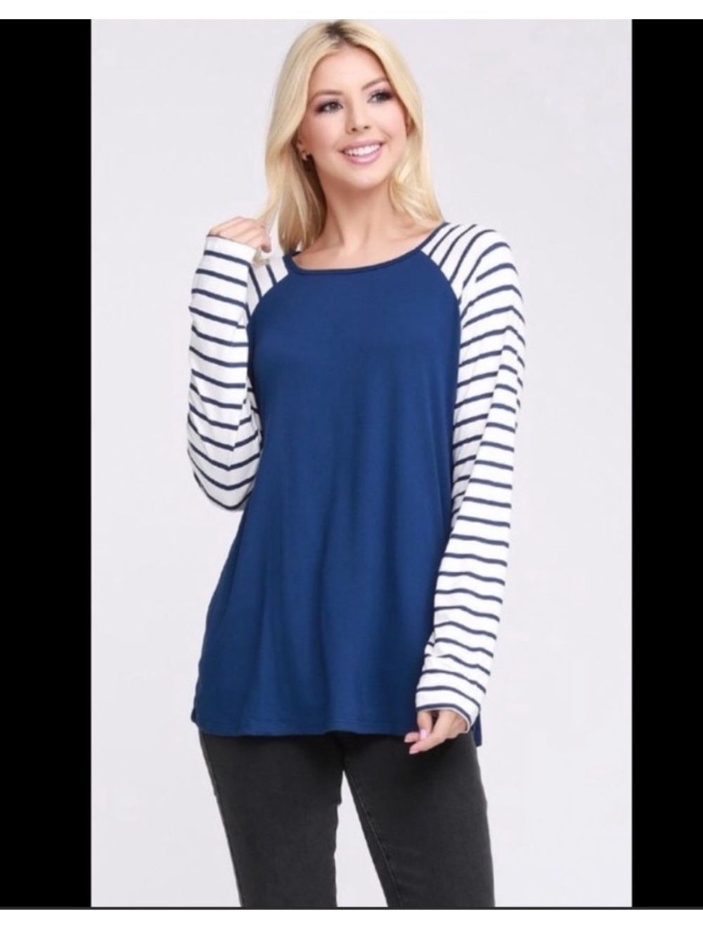 Doublju Navy Blue Raglan Top with White Striped Sleeves